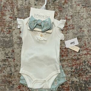 White and Green/Blue Baby Bodysuit Set with Hair Accessories